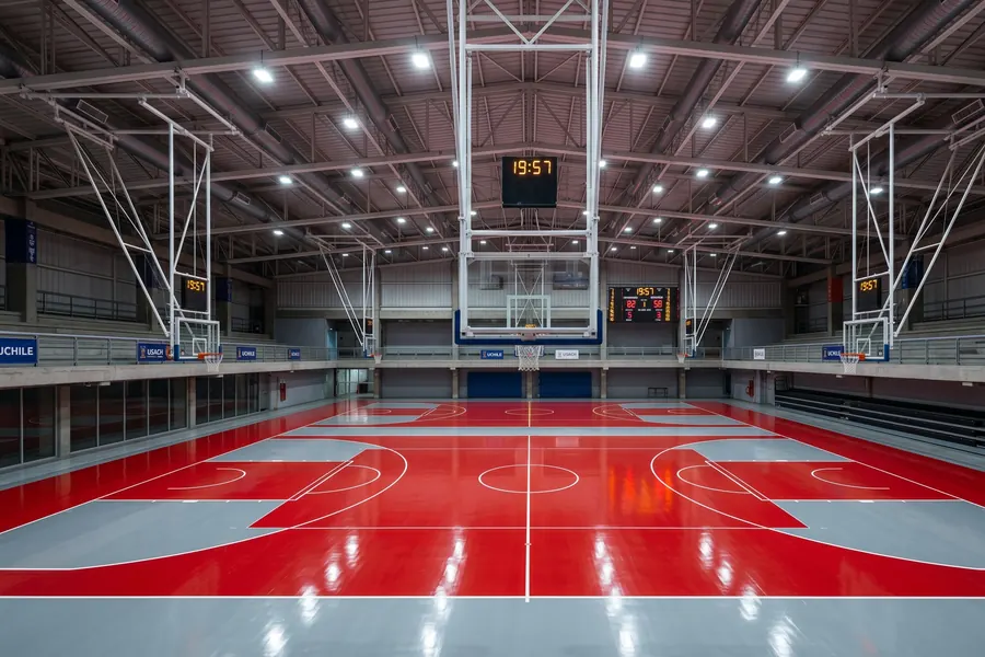 Cancha de básquetbol en polideportivo universitario con pintura epóxica