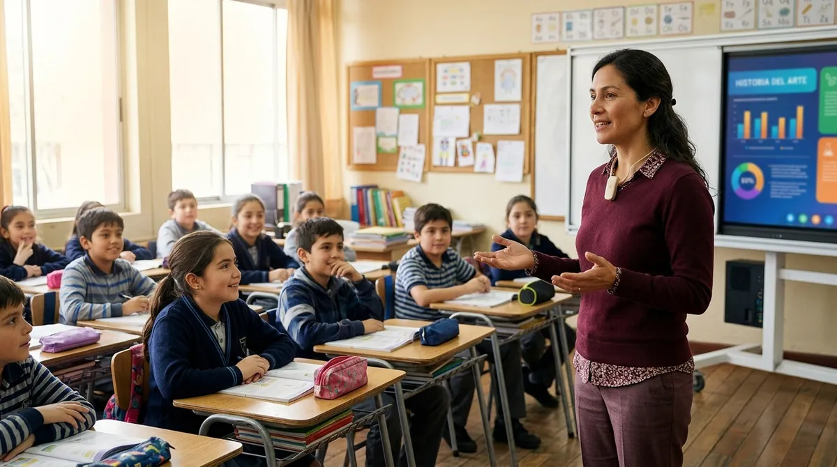 Una profesora habla de pie a un curso de enseñanza básica, junto a una pantalla interactiva encendida