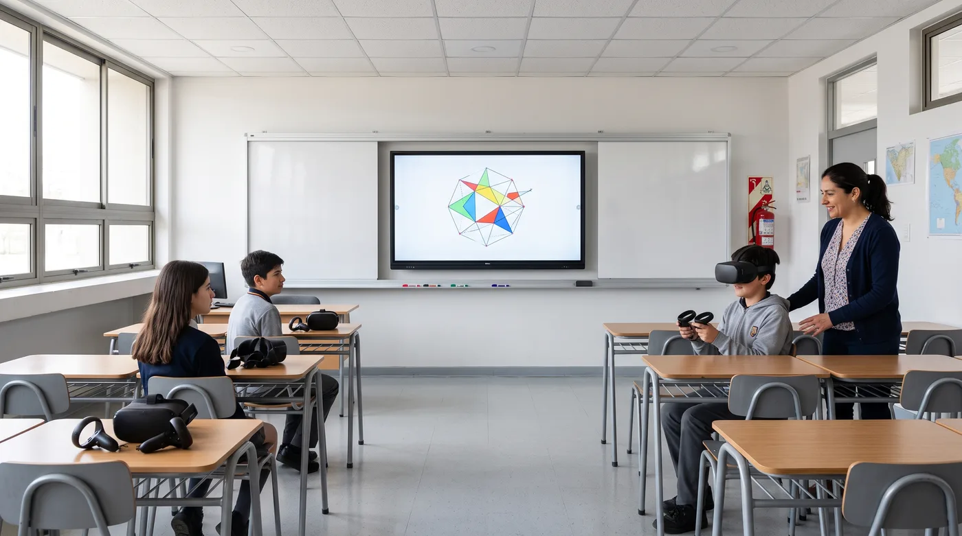 Una profesora acompaña a un alumno que usa un visor de realidad virtual con sus dos controles, mientras dos compañeros esperan con los suyos sobre la mesa