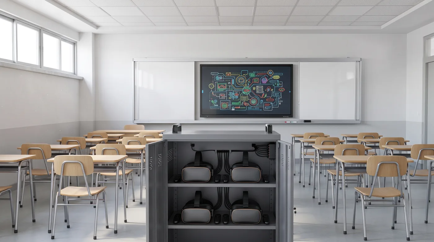Carro de carga abierto con varios visores de realidad virtual y sus controles ordenados en repisas, en una sala de clases vacía