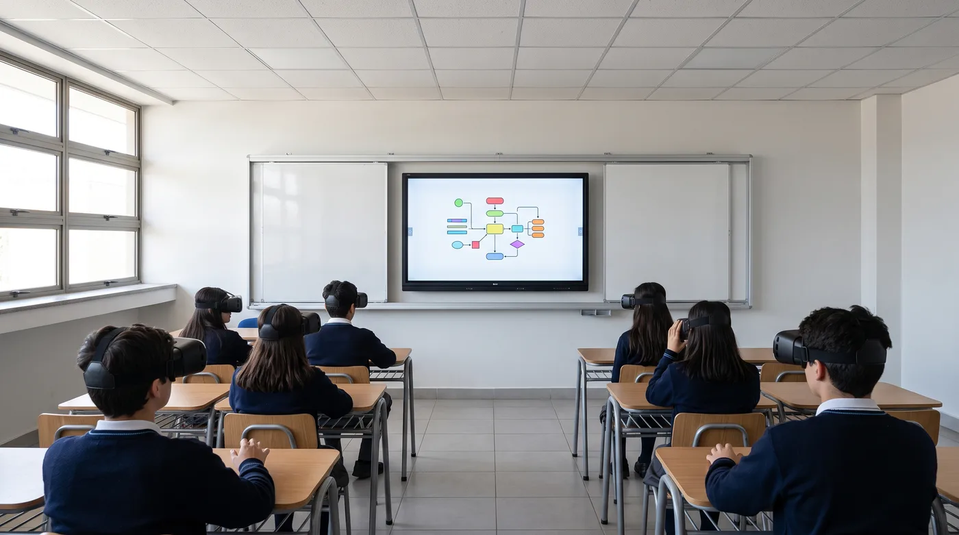 Siete estudiantes de uniforme siguen una actividad con visores de realidad virtual desde sus pupitres, frente a una pantalla interactiva encendida