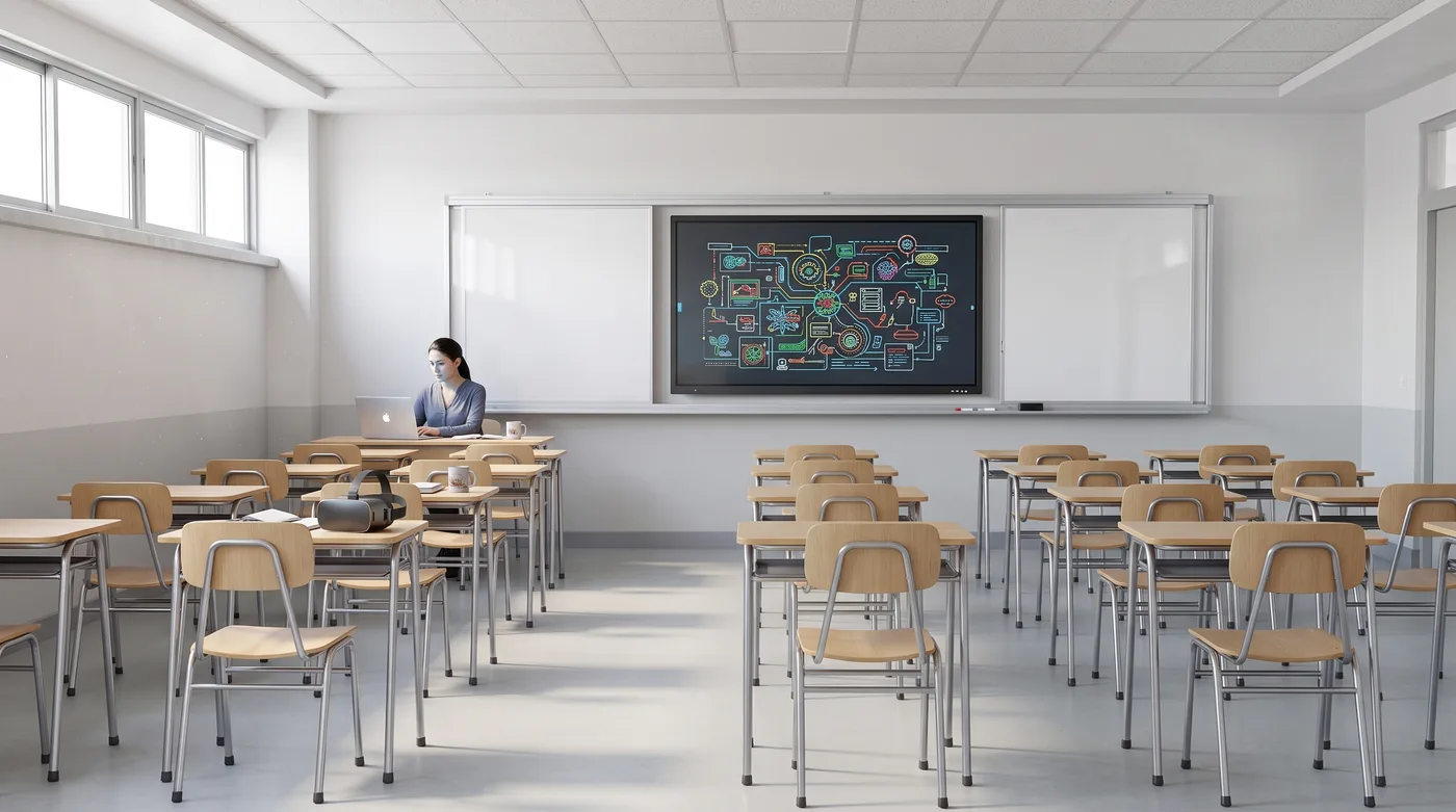 Una docente prepara su clase en el computador, sola en la sala, con un visor de realidad virtual apoyado en la mesa de al lado