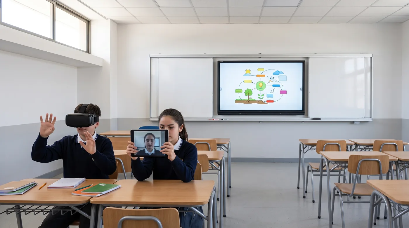 Dos estudiantes en el mismo pupitre: uno lleva un visor de realidad virtual y levanta las manos, la otra sostiene una tablet frente a su cara