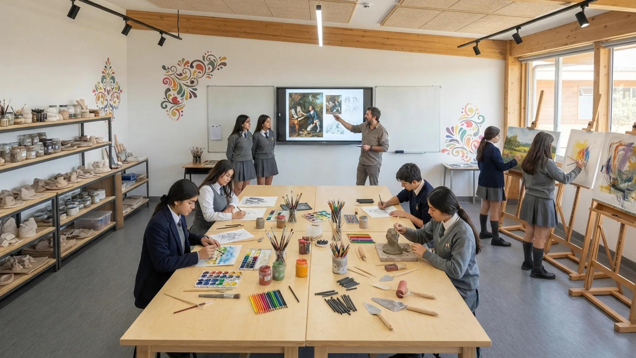 Sala de artes visuales escolar con mesas de cubierta lavable manchada de témpera, caballetes de madera apoyados al muro, lavadero de acero y repisas con frascos de témpera