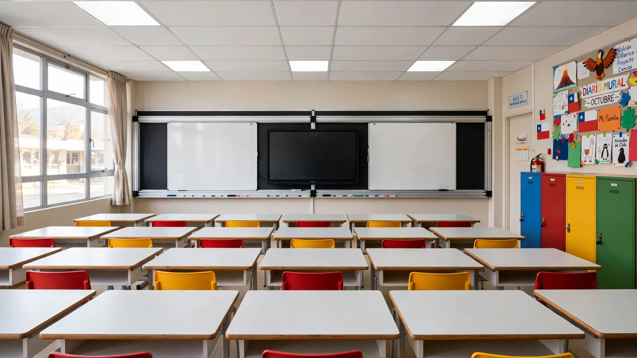 Aula de enseñanza básica con pupitres individuales, sillas rojas y amarillas, casilleros de colores contra el muro y diario mural con trabajos de los alumnos