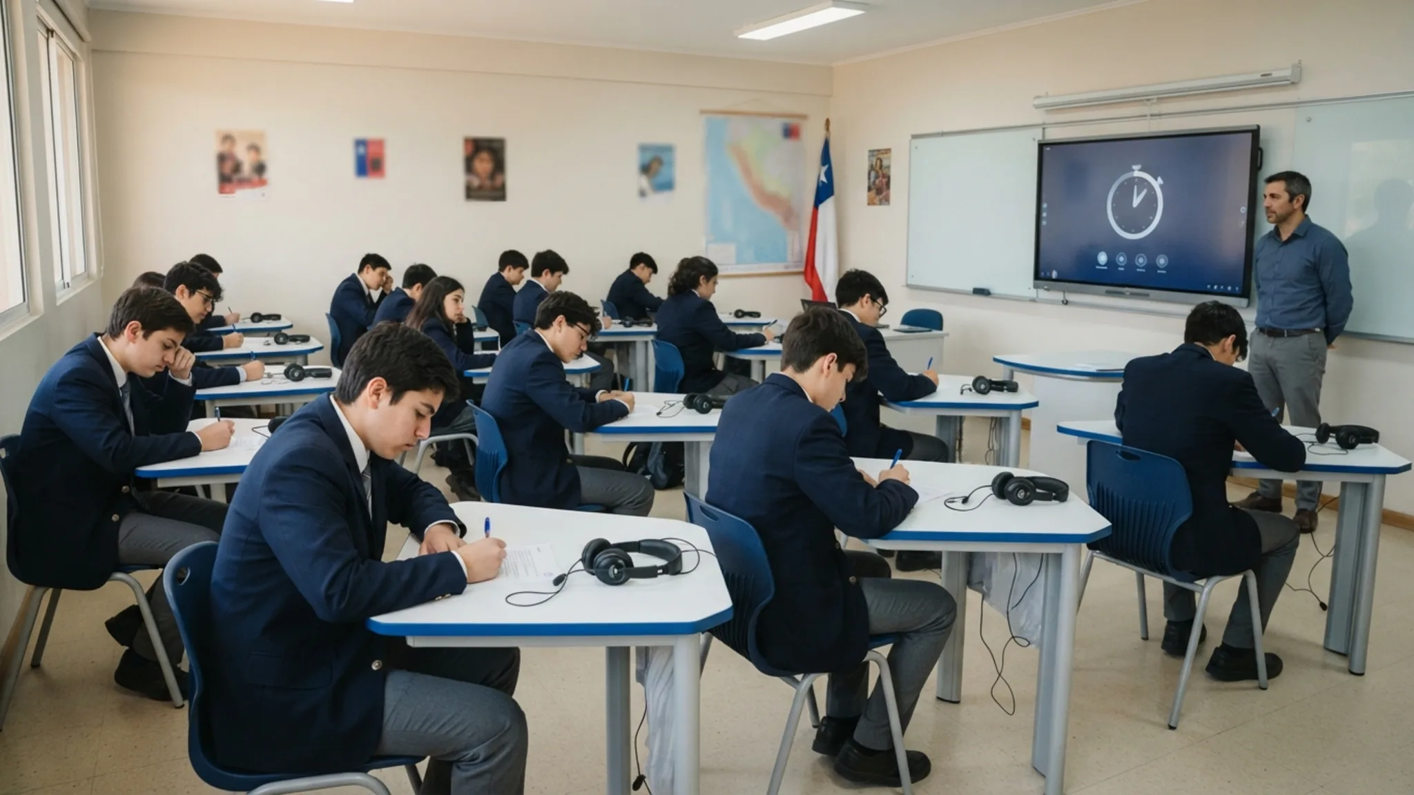 Aula de idiomas con mesas hexagonales modulares agrupadas en islas, sillas de colores, estantería con diccionarios bilingües y mapamundi mural