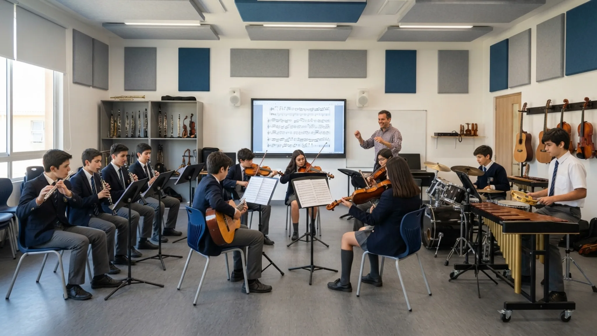Sala de música escolar con muro revestido en listones de madera, guitarras clásicas colgadas de una barra, atriles y sillas en semicírculo sobre piso de parqué