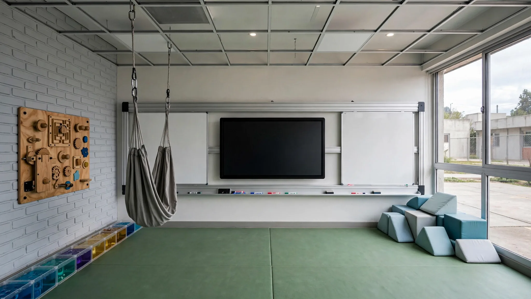 Sala de estimulación sensorial de un colegio con columpio de tela colgante, panel de manipulación de madera, tapiz de espuma verde y baldosas líquidas de colores en el piso