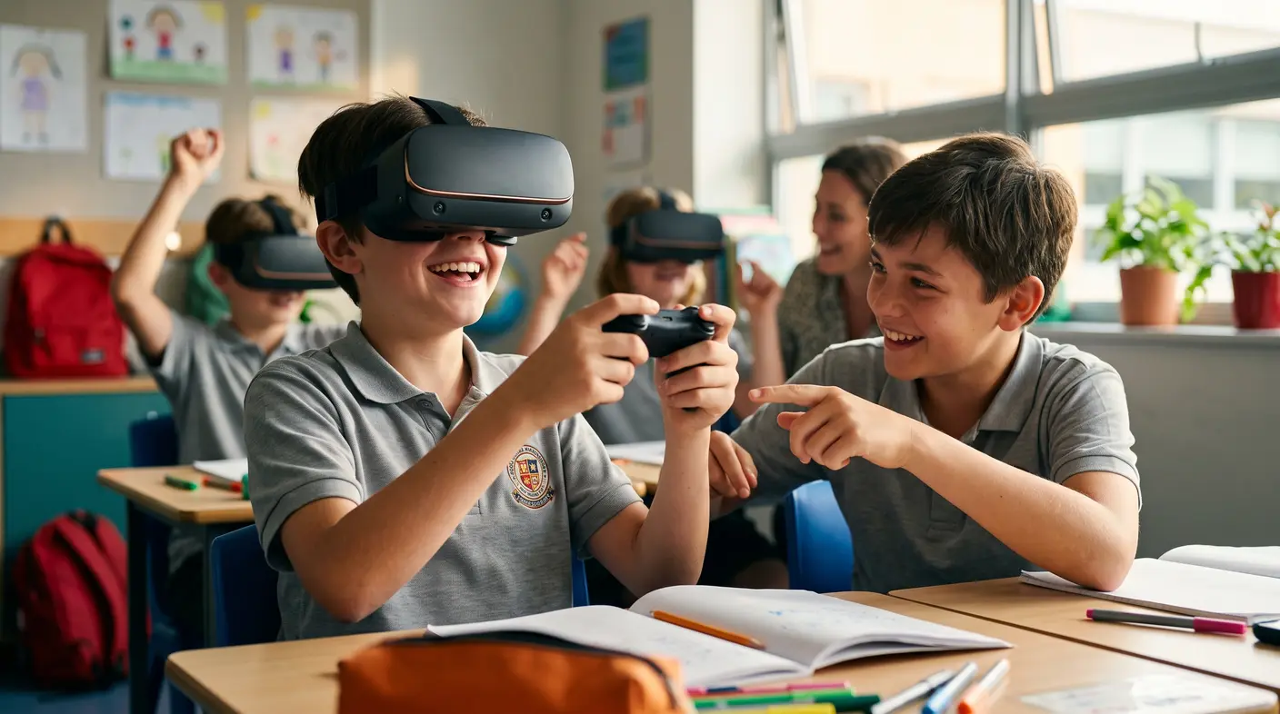 Estudiante con lentes de realidad virtual y un control en las manos se ríe, mientras un compañero le señala algo y el curso participa detrás