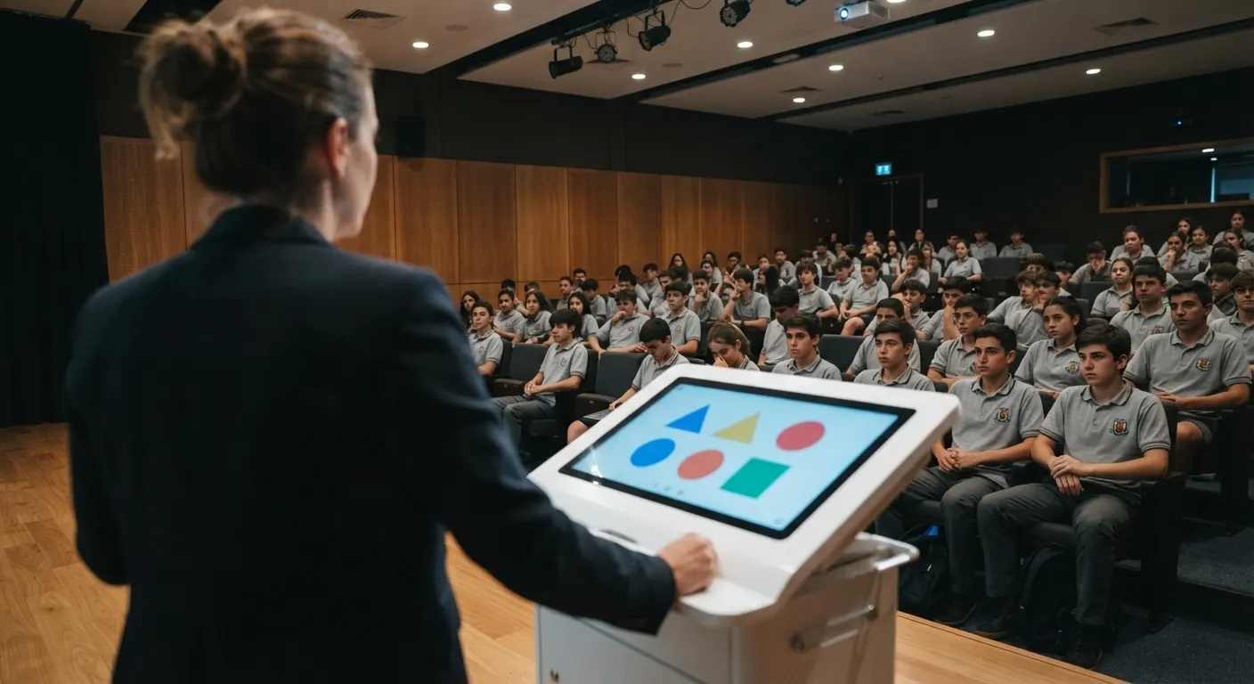 Docente de pie frente al pódium con pantalla táctil, presentando a un auditorio lleno de estudiantes