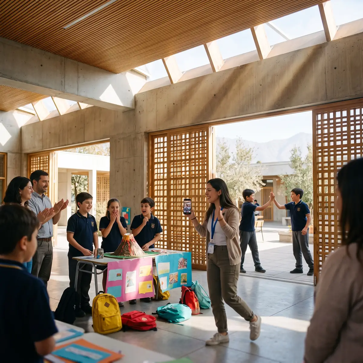 Una profesora graba con su celular la feria científica del colegio mientras los estudiantes presentan su volcán y las familias aplauden