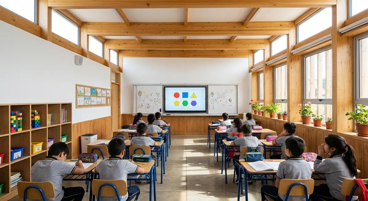 Sala de básica con vigas de madera a la vista: estudiantes trabajando en mesas de estructura azul, mueble casillero con material concreto y pantalla interactiva con pizarra protectora al frente