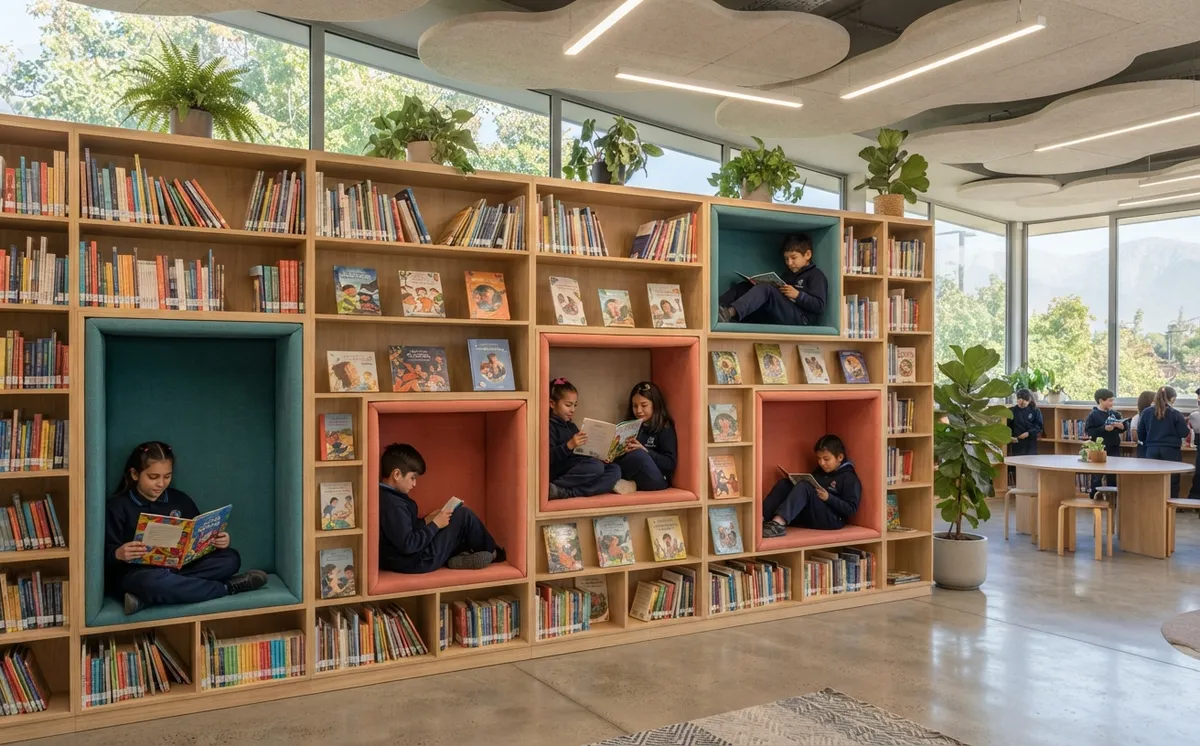 Muro de estanterías de madera hecho a medida, con nichos de lectura tapizados donde los estudiantes leen