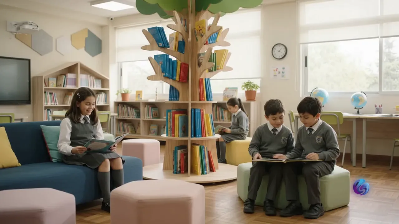 Estudiantes leen en sofás y pufs junto a un estante con forma de árbol en la biblioteca CRA