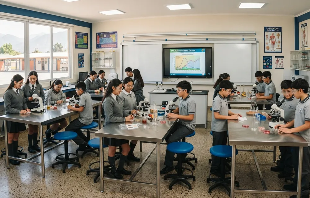 Grupos de estudiantes trabajan con microscopios en mesones de acero del laboratorio, con la pantalla interactiva al fondo