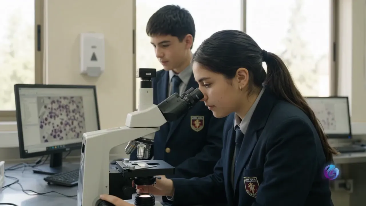 Una estudiante observa por el microscopio junto a un compañero en el laboratorio del colegio