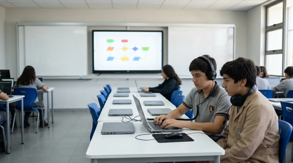 Estudiantes trabajan con notebooks y audífonos en mesones de la sala de computación