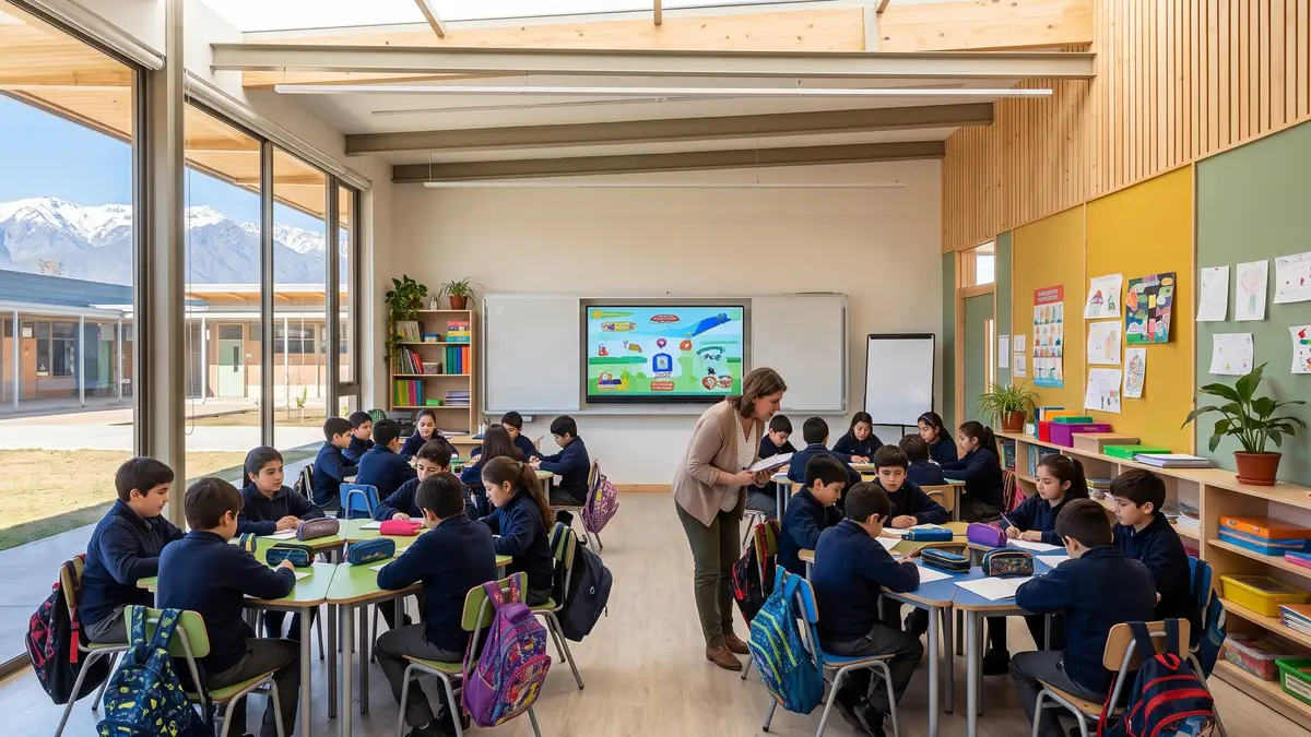 Interior de una sala modular en plena clase: lucernario corrido, muro de listones de madera, paneles mostaza y verde, ventanales con la cordillera y pantalla interactiva con pizarra protectora al frente