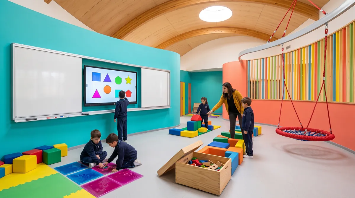 Sala sensorial con muros curvos turquesa y coral: pantalla interactiva con pizarra protectora, baldosas sensoriales de gel, bloques de espuma, baúl de material concreto y columpio tipo nido, con una educadora guiando a cuatro estudiantes