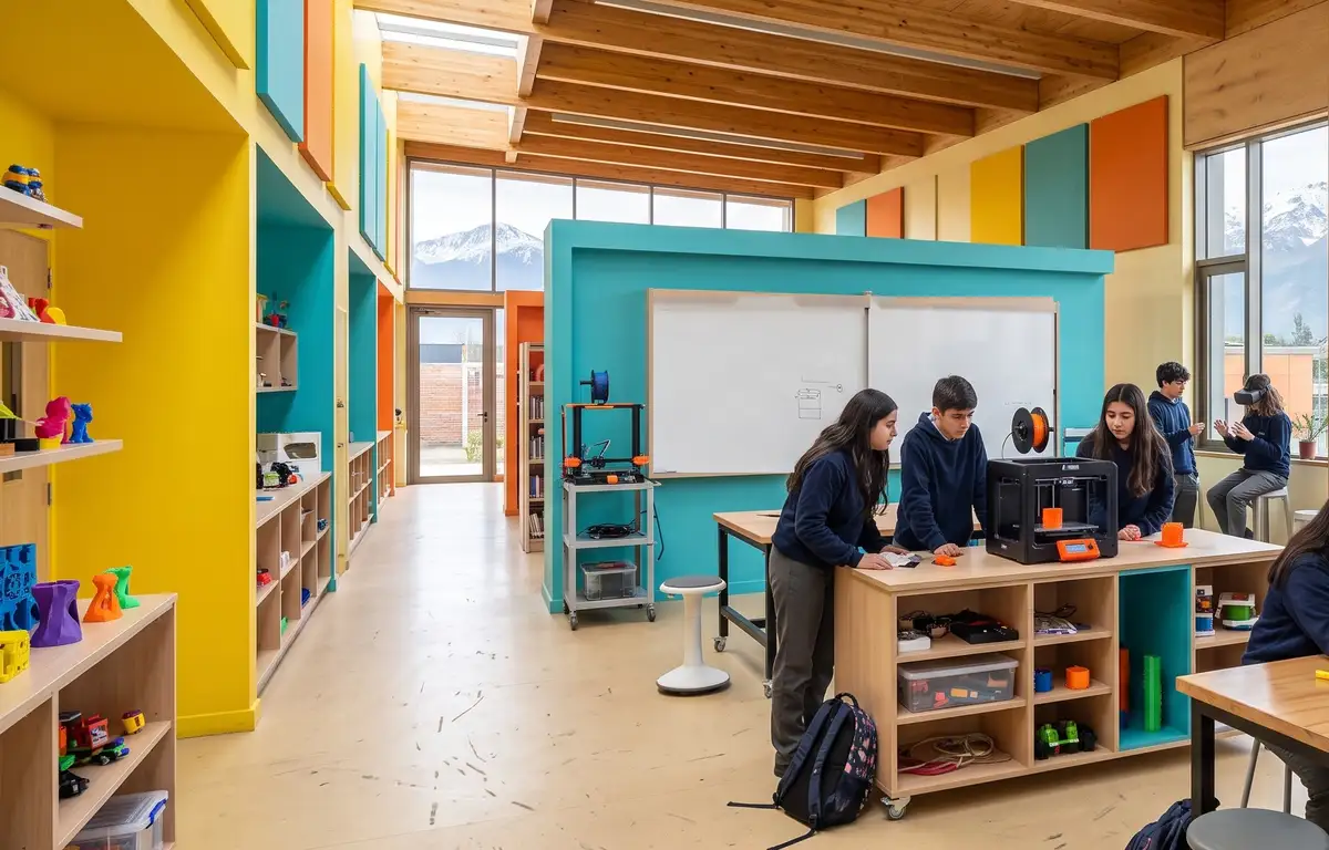 Sala STEM con vigas de madera y lucernarios: estudiantes arman un robot en una mesa de trabajo, otros miran una impresora 3D junto a la pizarra y repisas de colores con prototipos